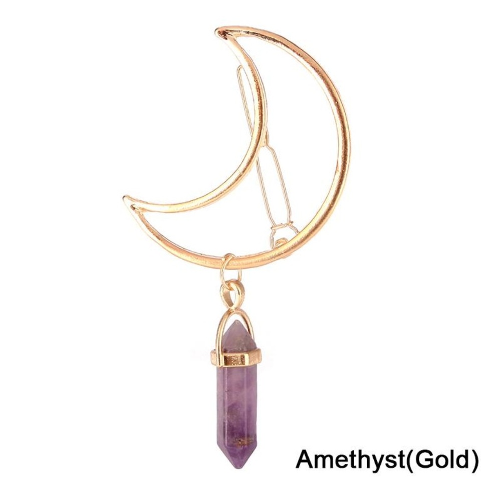 Gold Crescent Moon Hair Clip Natural Crystal Stone